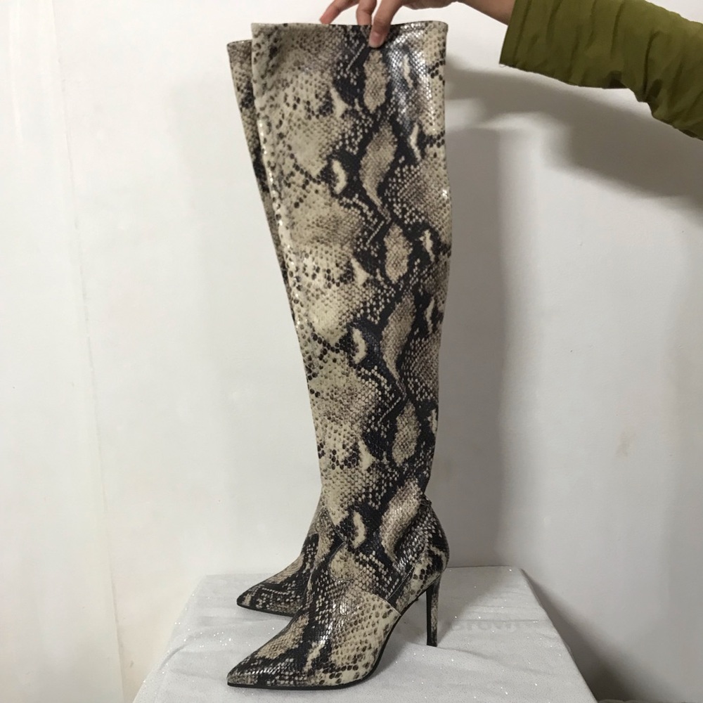 COPY - - Guess thigh high heel boots with light green khaki cream snakeski…
